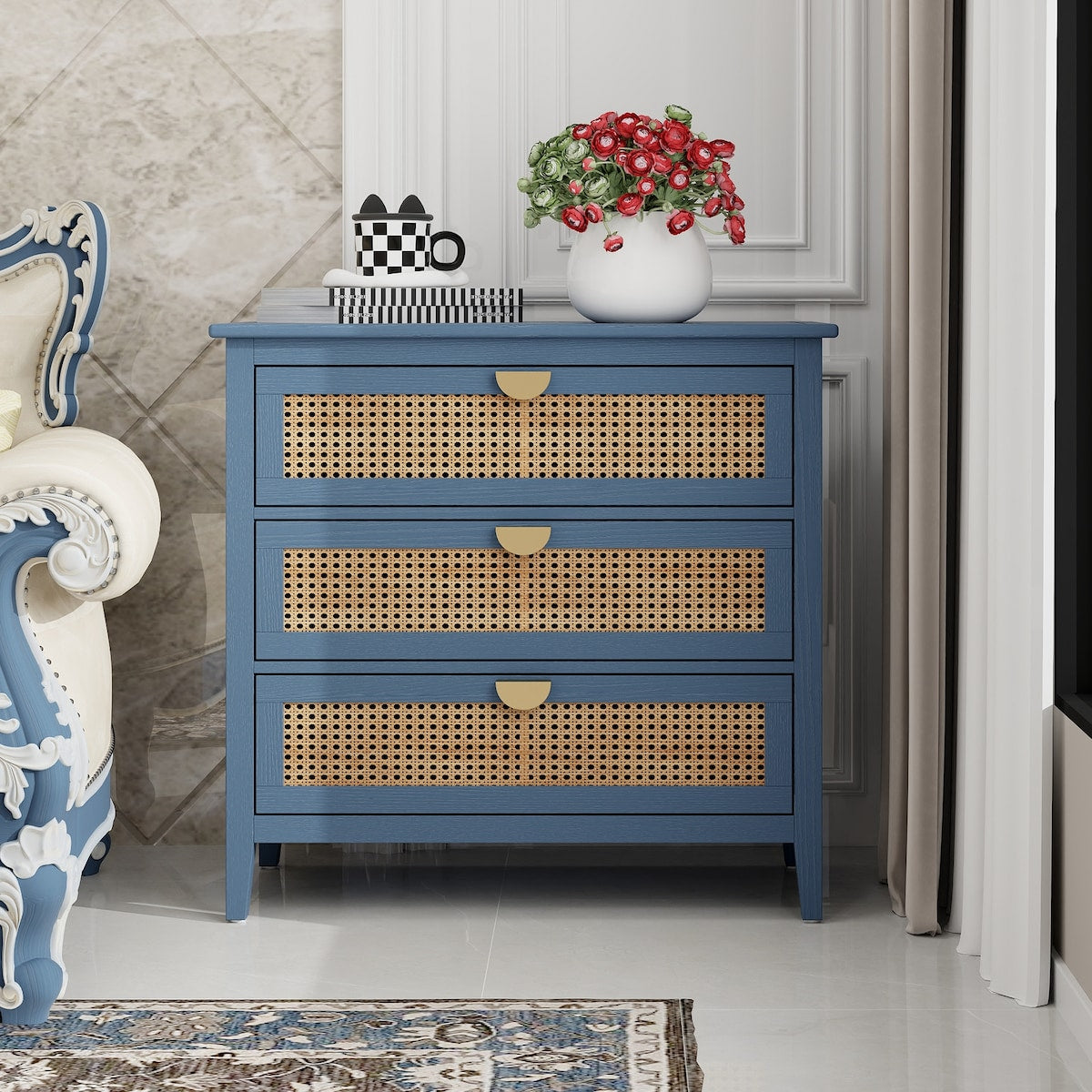 3 Drawer Cabinet,Natural rattan,American Furniture,Suitable for bedroom, living room, study