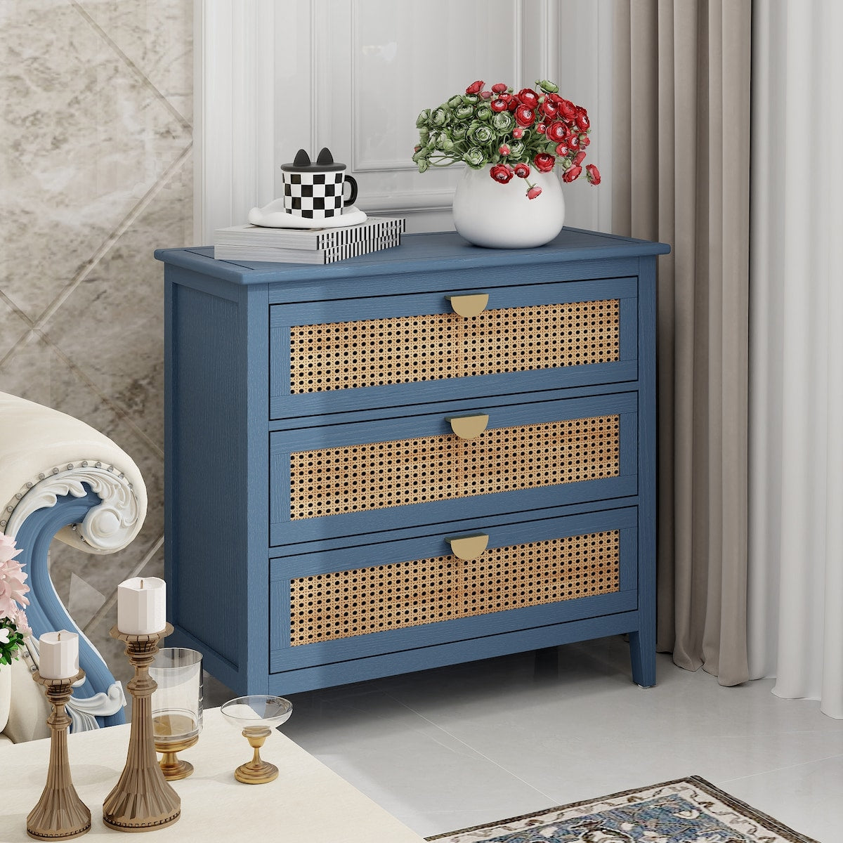 3 Drawer Cabinet,Natural rattan,American Furniture,Suitable for bedroom, living room, study
