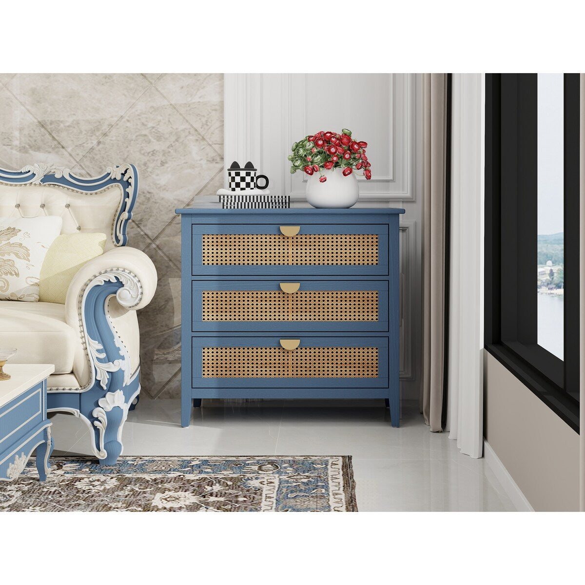 3 Drawer Cabinet,Natural rattan,American Furniture,Suitable for bedroom, living room, study