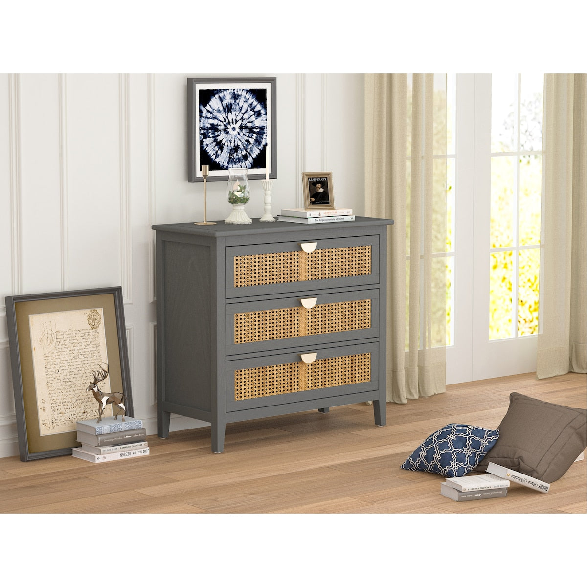 3 Drawer Cabinet,Natural rattan,American Furniture,Suitable for bedroom, living room, study