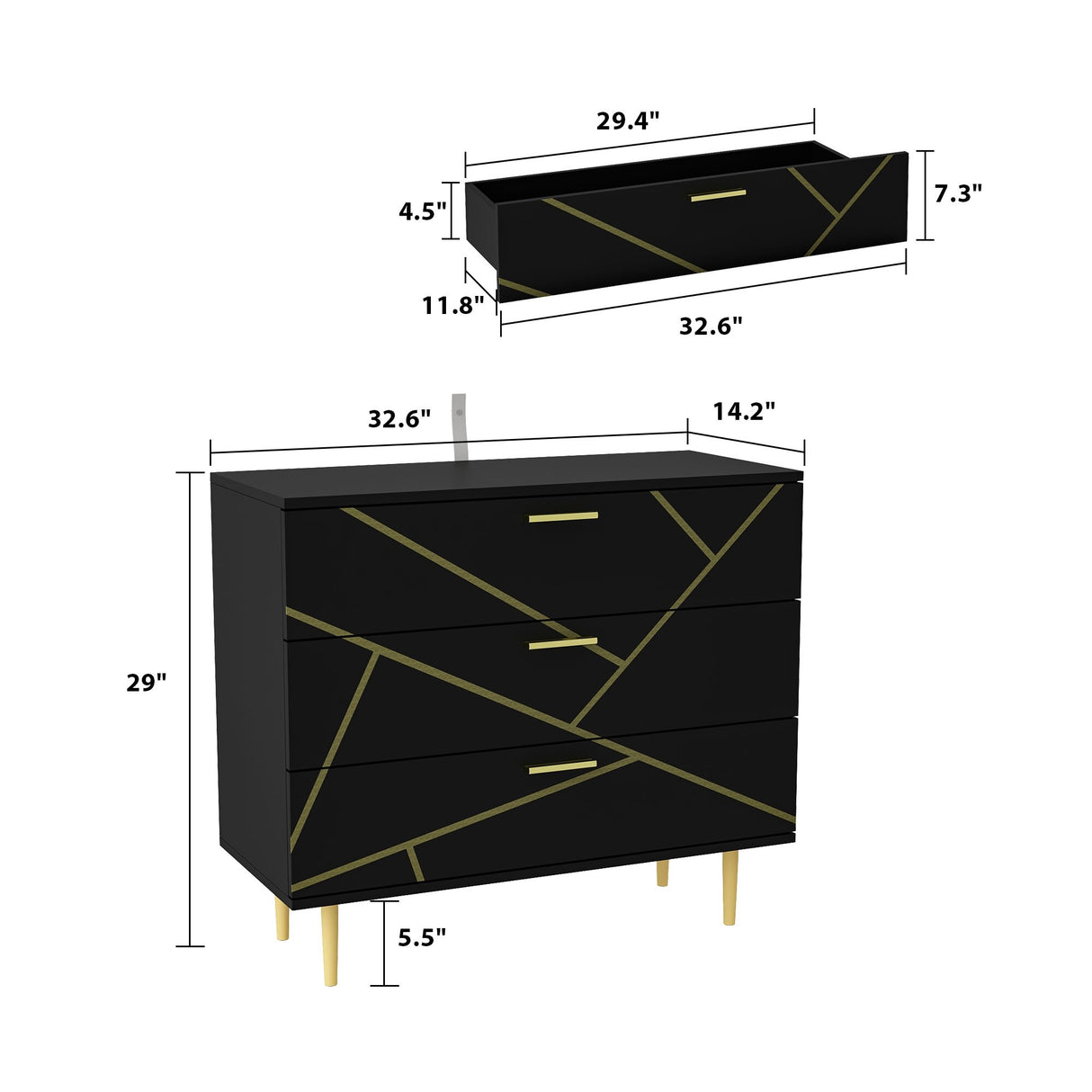 3 Drawer Dresser,Black Dresser for Bedroom, Wood Chest of Drawers