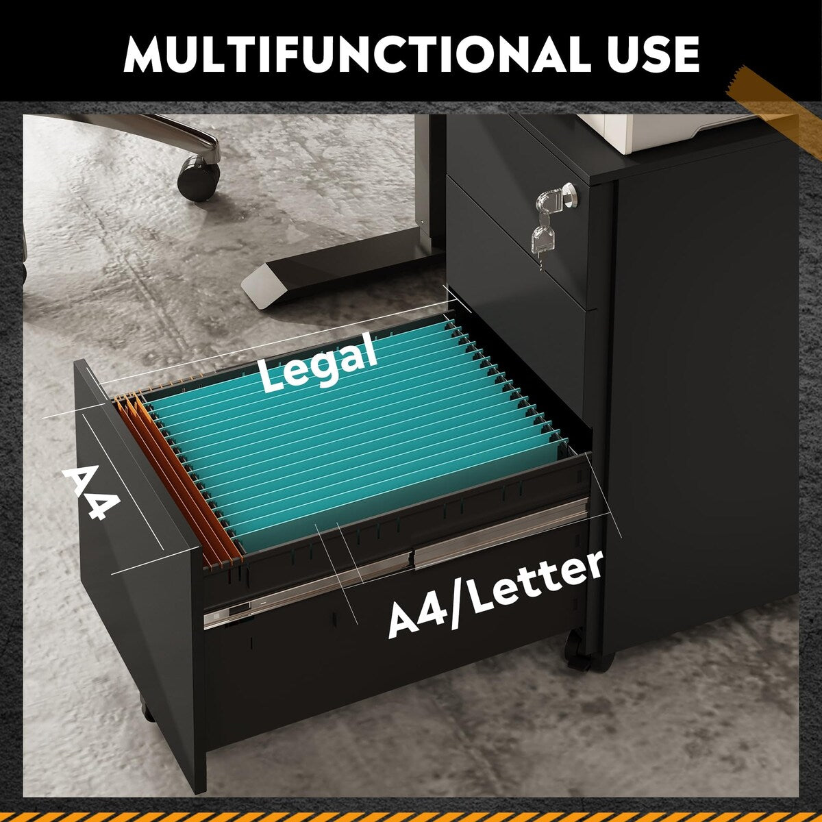3 Drawer File Cabinet with Lock, Metal Rolling Filing Cabinets, Small Under Desk Cabinet with Slim Width (11.8 inch), Black