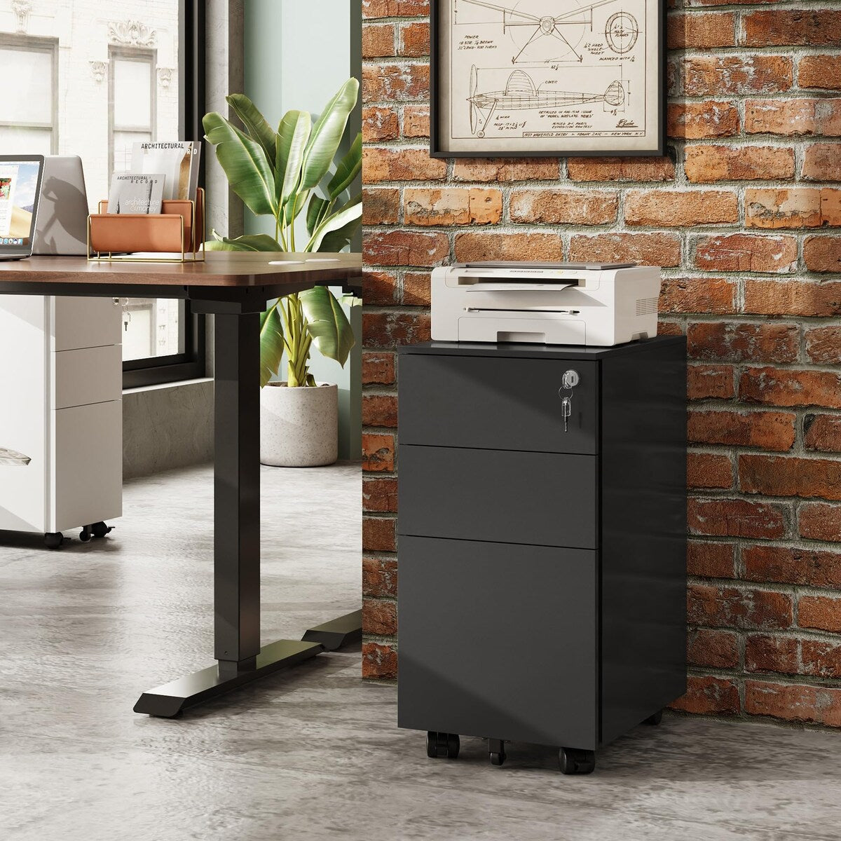 3 Drawer File Cabinet with Lock, Metal Rolling Filing Cabinets, Small Under Desk Cabinet with Slim Width (11.8 inch), Black