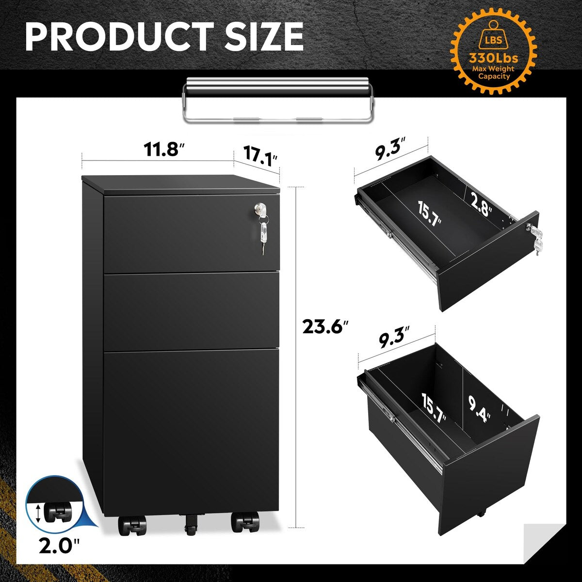3 Drawer File Cabinet with Lock, Metal Rolling Filing Cabinets, Small Under Desk Cabinet with Slim Width (11.8 inch), Black