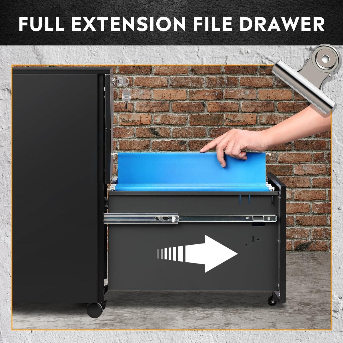 3 Drawer File Cabinet with Lock, Metal Rolling Filing Cabinets, Small Under Desk Cabinet with Slim Width (11.8 inch), Black
