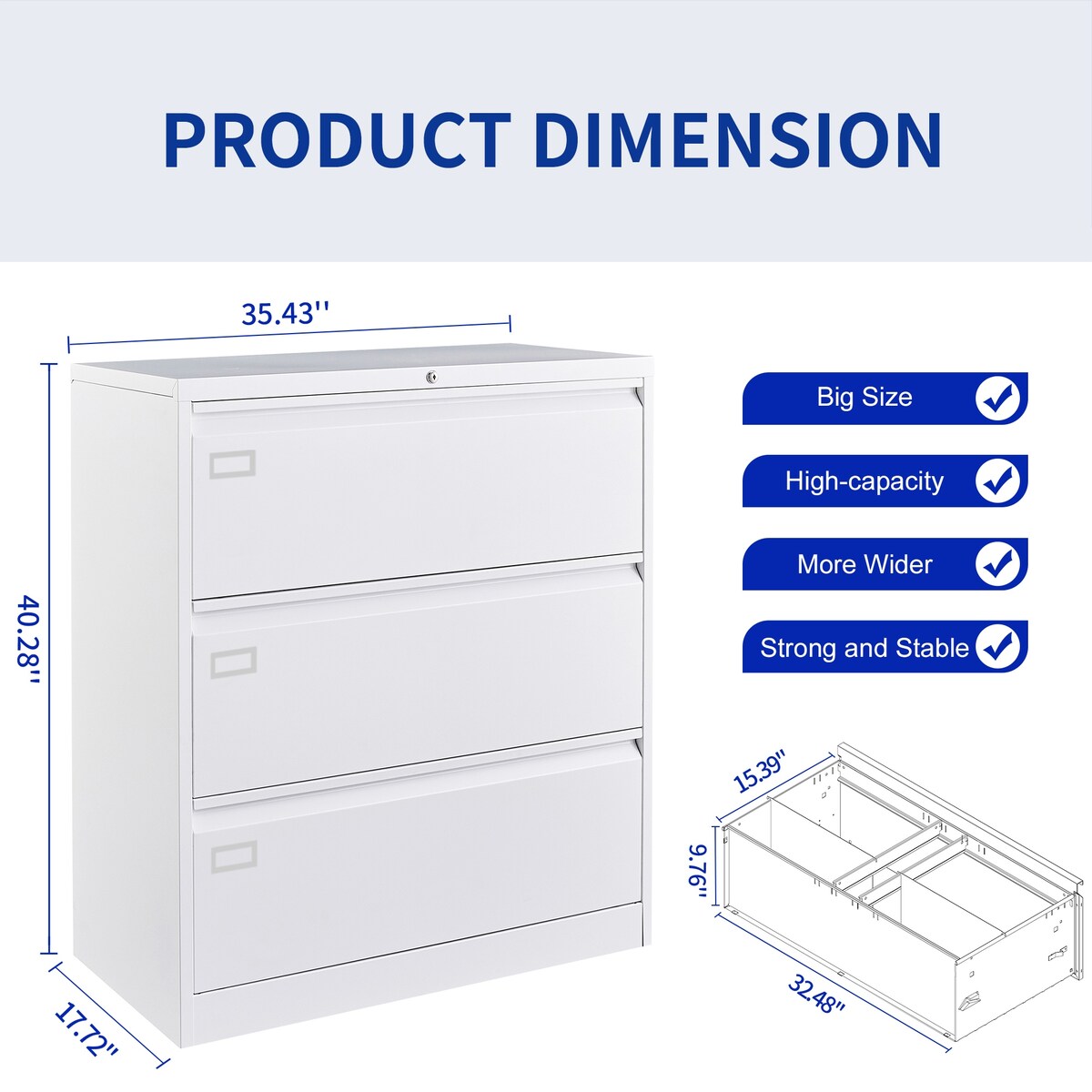 3 Drawer Lateral Filing Cabinet for Legal/Letter A4 Size, Large Deep Drawers Locked by Keys