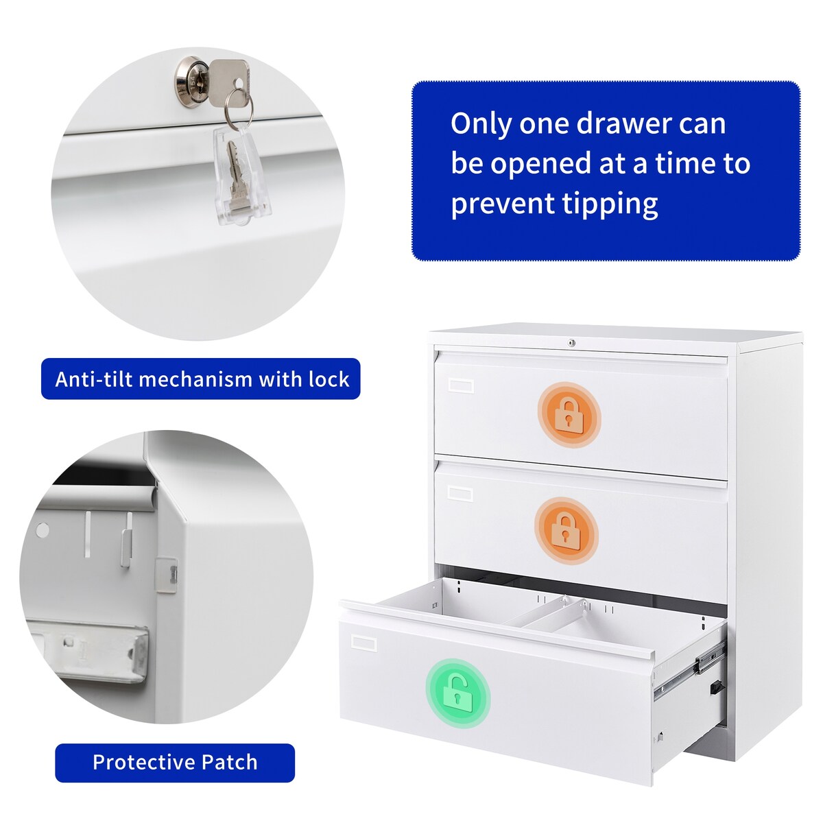 3 Drawer Lateral Filing Cabinet for Legal/Letter A4 Size, Large Deep Drawers Locked by Keys