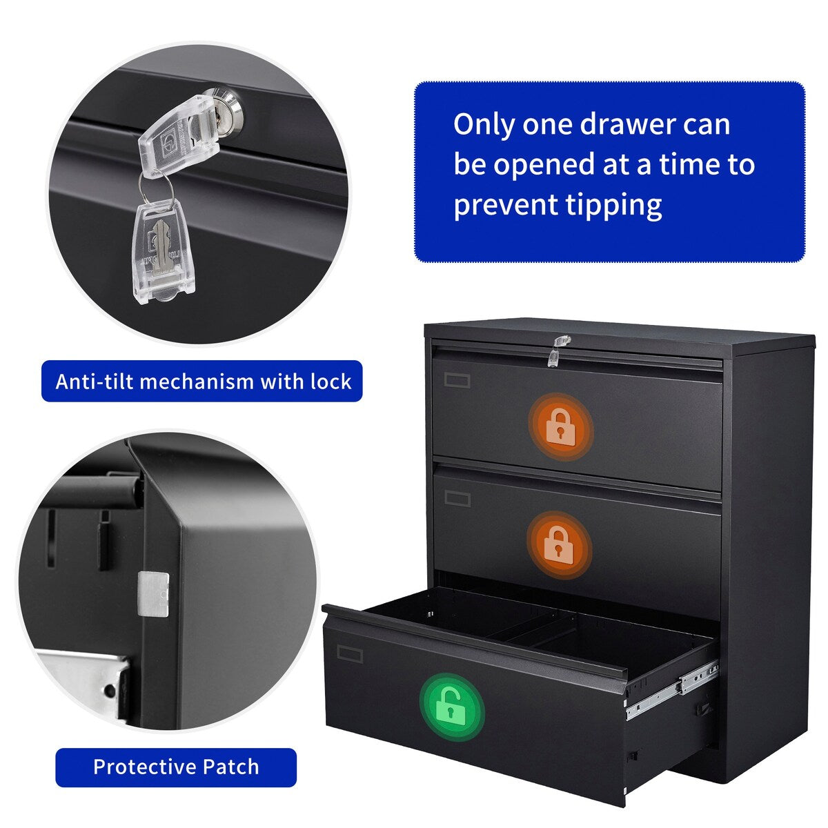 3 Drawer Lateral Filing Cabinet for Legal/Letter A4 Size, Large Deep Drawers Locked by Keys