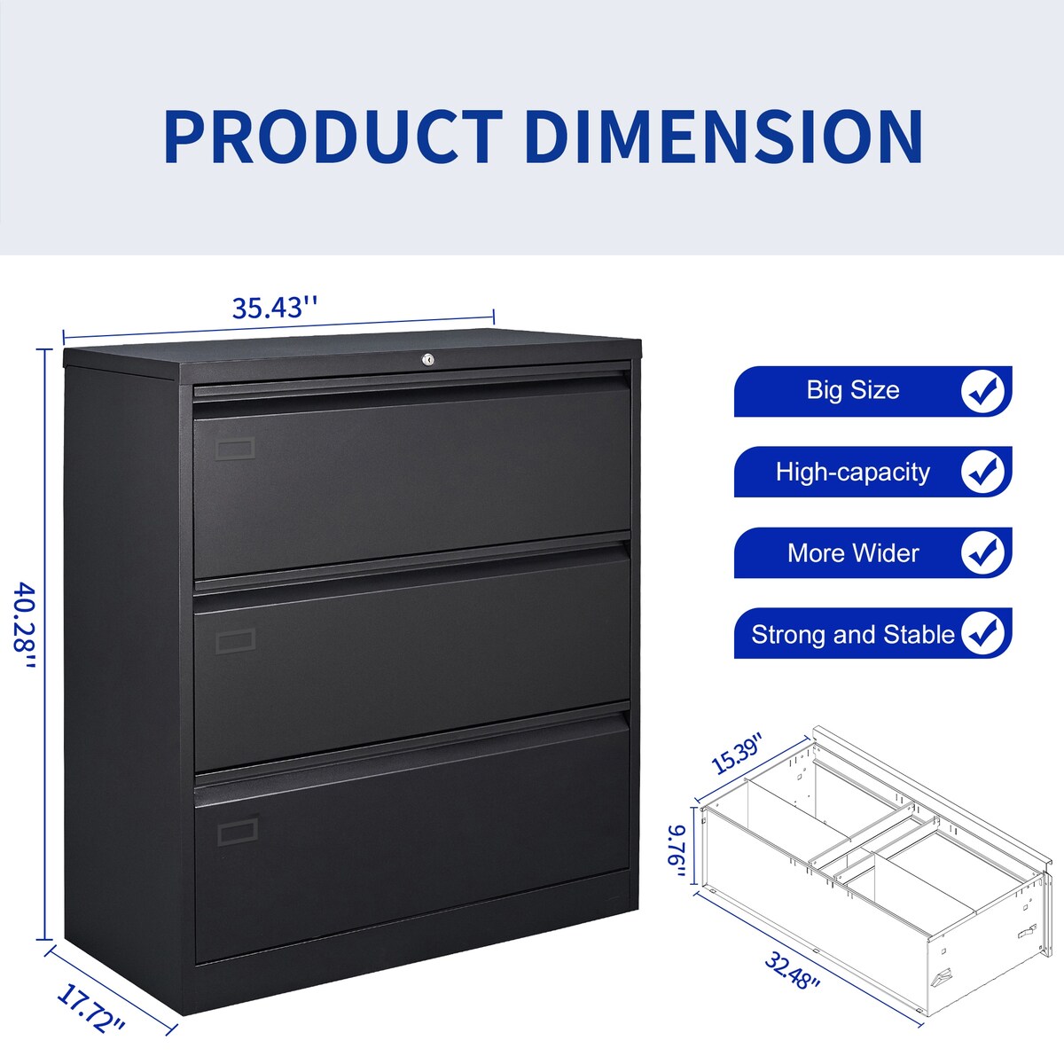 3 Drawer Lateral Filing Cabinet for Legal/Letter A4 Size, Large Deep Drawers Locked by Keys