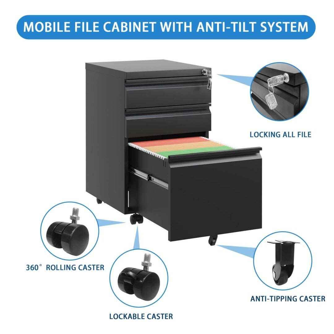 3 Drawer Mobile File Cabinet with Lock Metal Filing Cabinets for Home Office Organizer Letters/Legal/A4 Fully Assembled