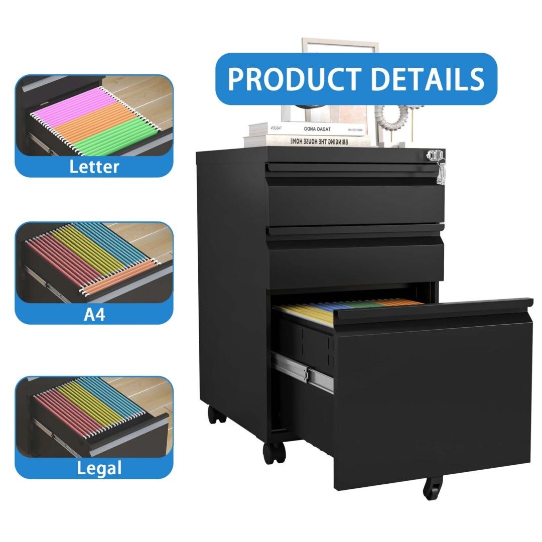 3 Drawer Mobile File Cabinet with Lock Metal Filing Cabinets for Home Office Organizer Letters/Legal/A4 Fully Assembled