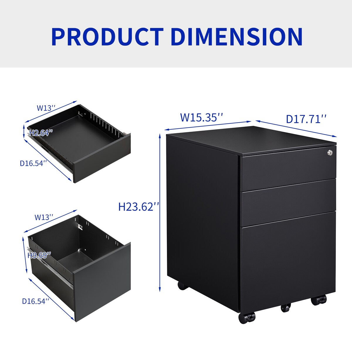 3 Drawer Mobile File Cabinet with Lock Steel File Cabinet for Legal/Letter/A4/F4 Size