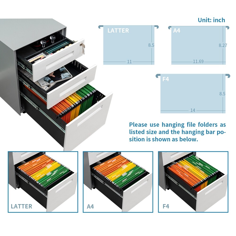 3 Drawer Mobile File Cabinet with Lock Steel File Cabinet for Legal/Letter/A4/F4 Size