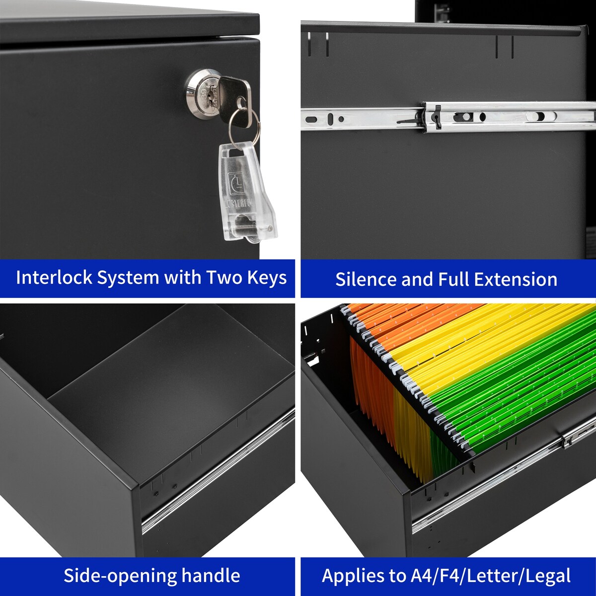 3 Drawer Mobile File Cabinet with Lock Steel File Cabinet for Legal/Letter/A4/F4 Size