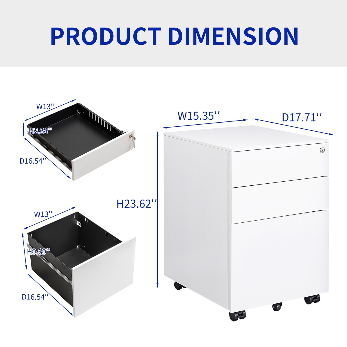 3 Drawer Mobile File Cabinet with Lock Steel File Cabinet for Legal/Letter/A4/F4 Size
