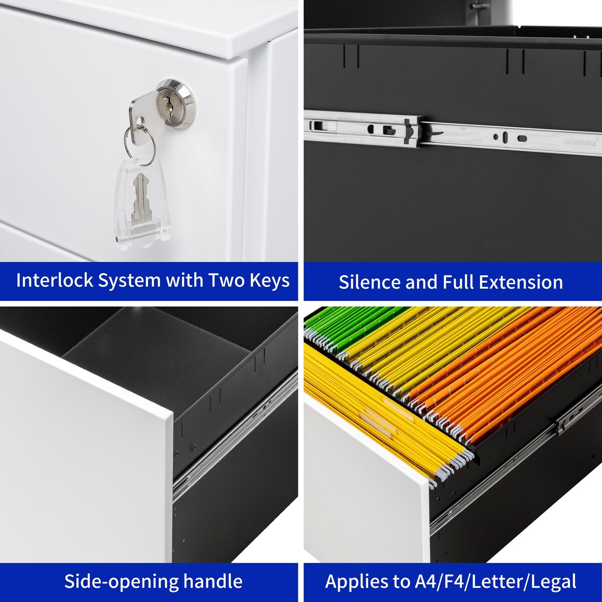 3 Drawer Mobile File Cabinet with Lock Steel File Cabinet for Legal/Letter/A4/F4 Size