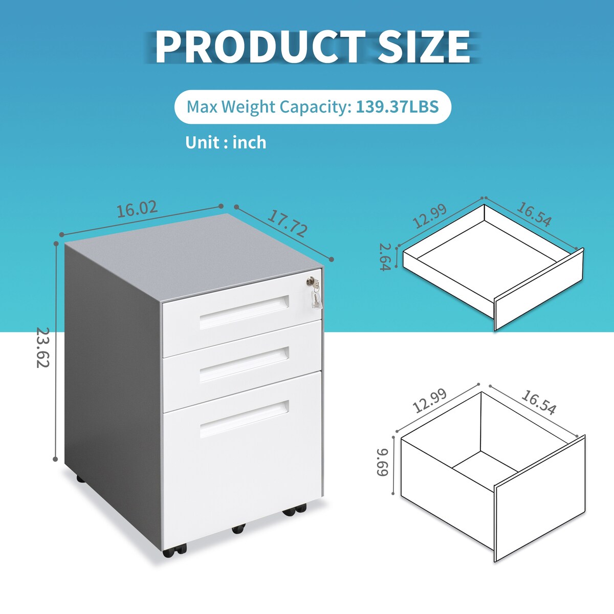 3 Drawer Mobile File Cabinet with Lock Steel File Cabinet for Legal/Letter/A4/F4 Size