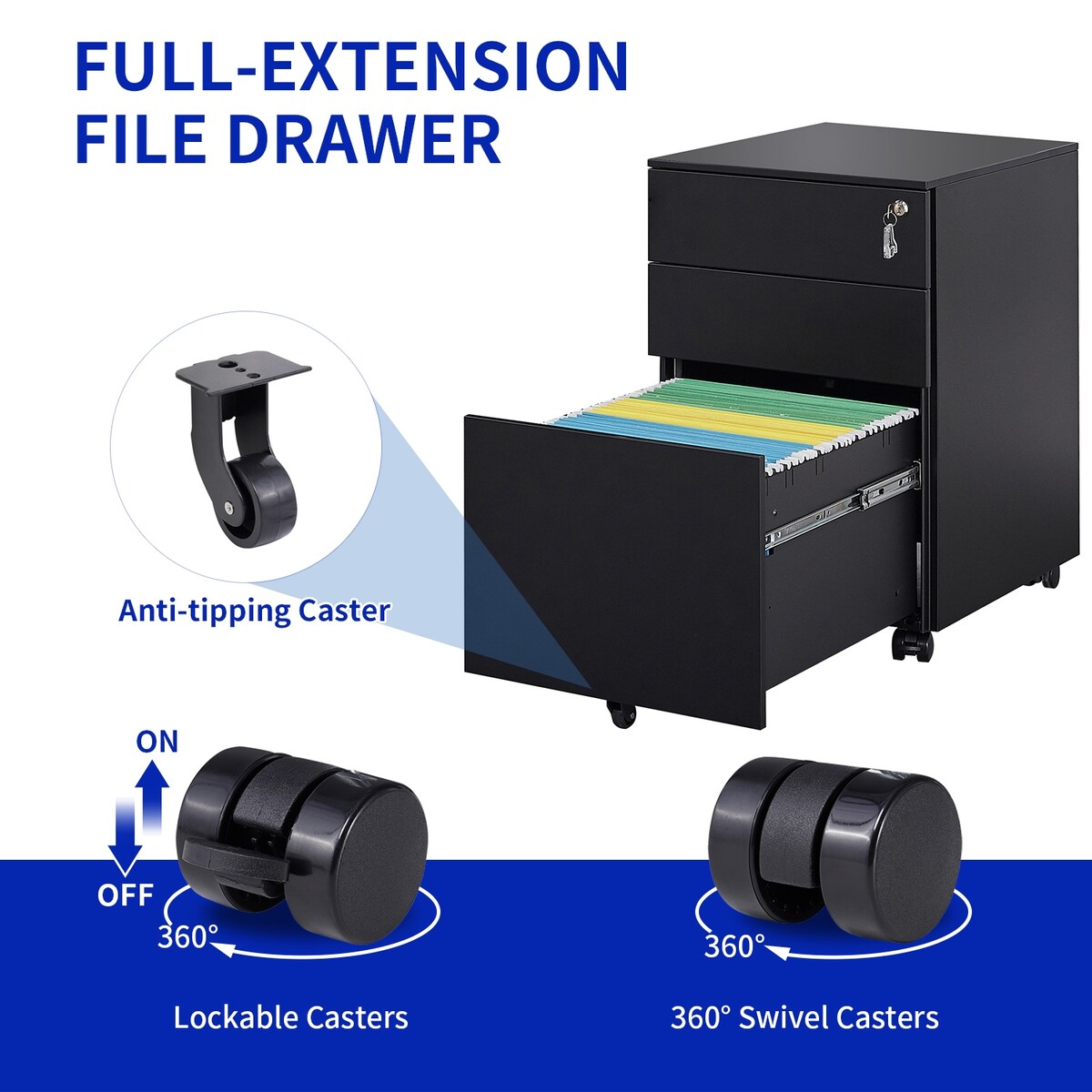 3 Drawer Mobile File Cabinet with Lock Steel File Cabinet for Legal/Letter/A4/F4 Size