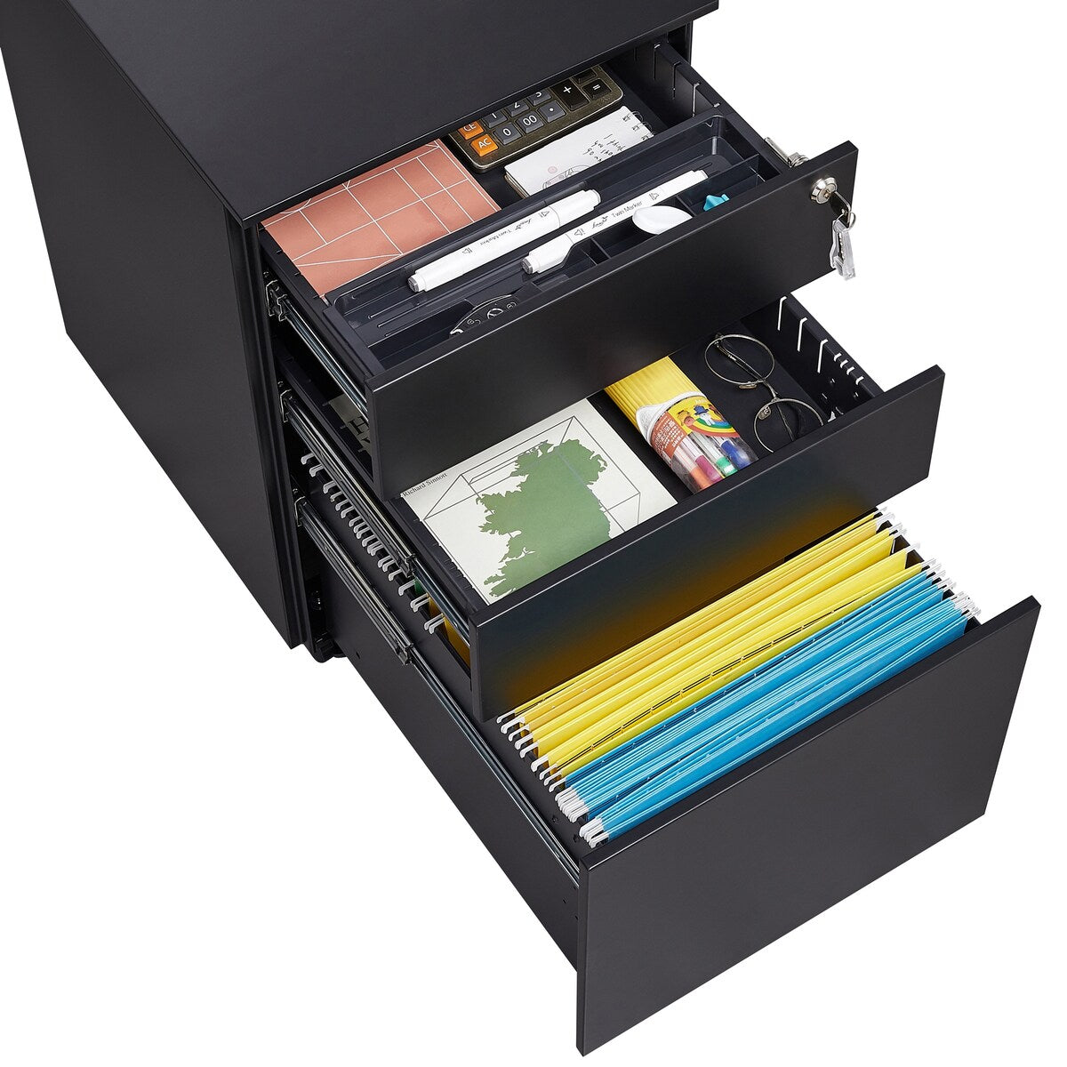 3 Drawer Mobile File Cabinet with Lock Steel File Cabinet for Legal/Letter/A4/F4 Size