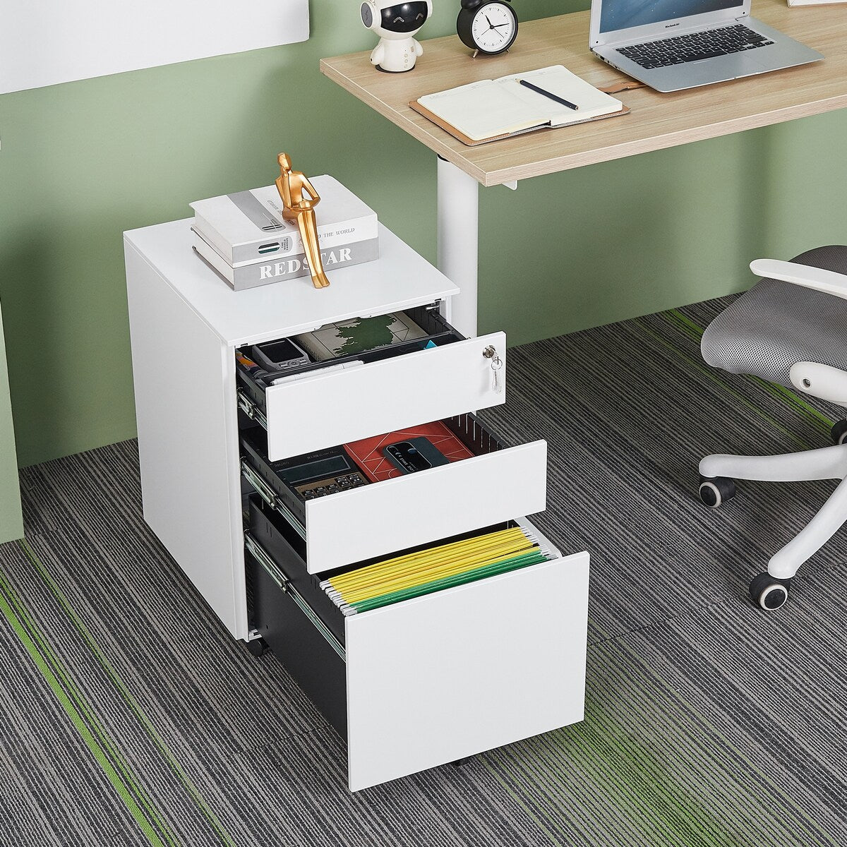 3 Drawer Mobile File Cabinet with Lock Steel File Cabinet for Legal/Letter/A4/F4 Size