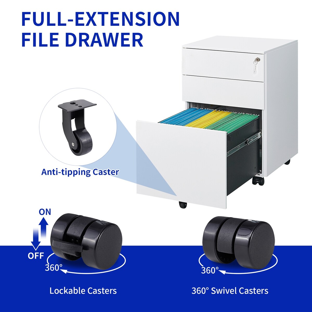 3 Drawer Mobile File Cabinet with Lock Steel File Cabinet for Legal/Letter/A4/F4 Size
