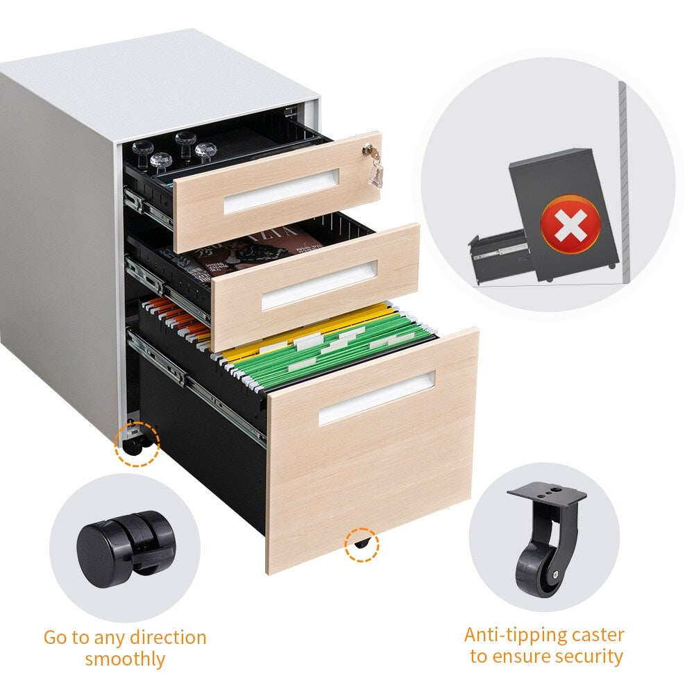 3-Drawer Mobile File Cabinet with Lock, Steel Construction