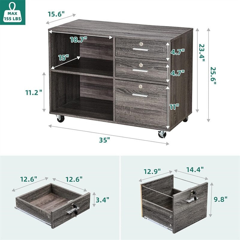 3 Drawer Mobile Lateral Filing Cabinet - 15.6"D x 35"W x 25.6"H