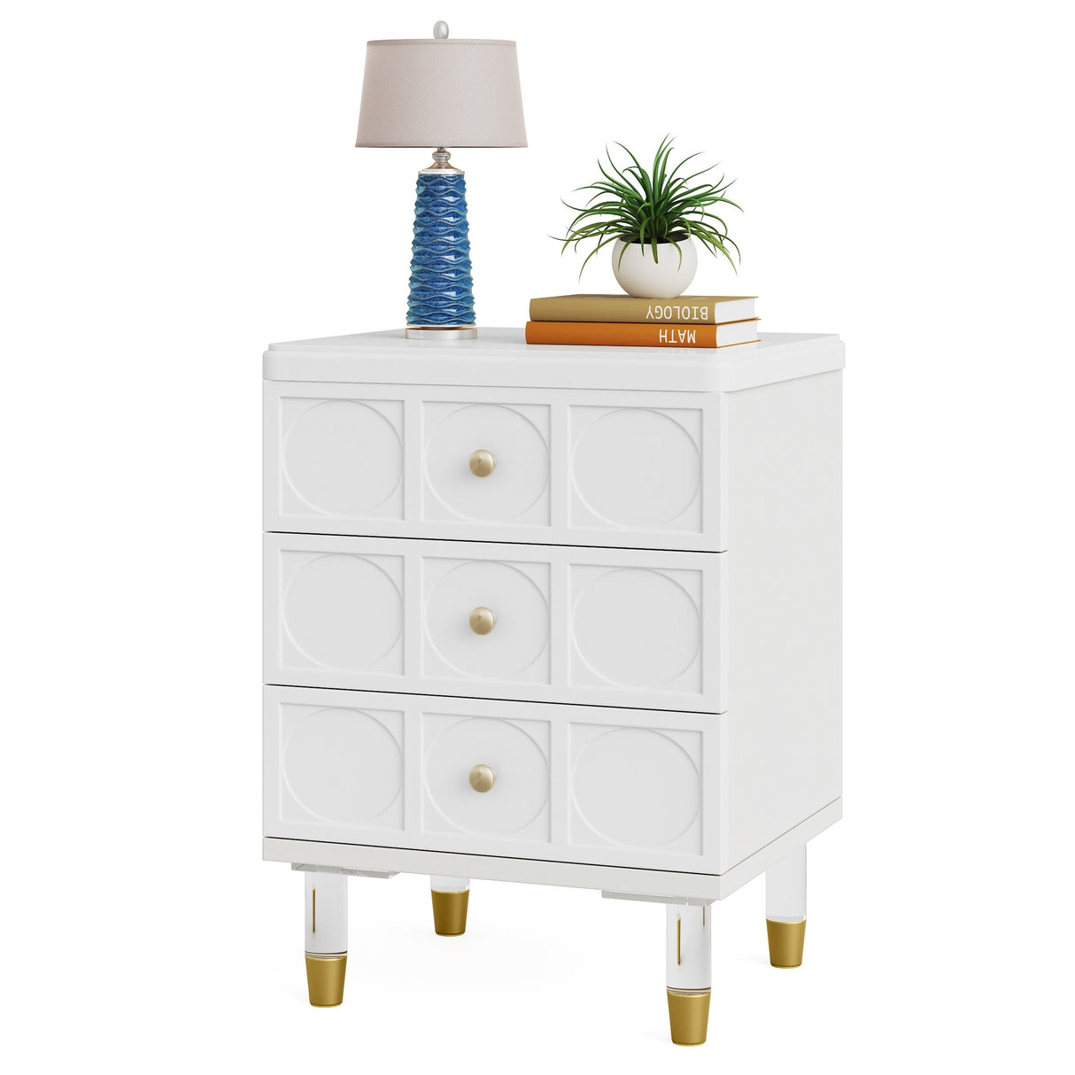 3-Drawer Nightstand Bedside Table,Bedroom Tall Night Stands with White and Gold finish Sofa End Table with Storage