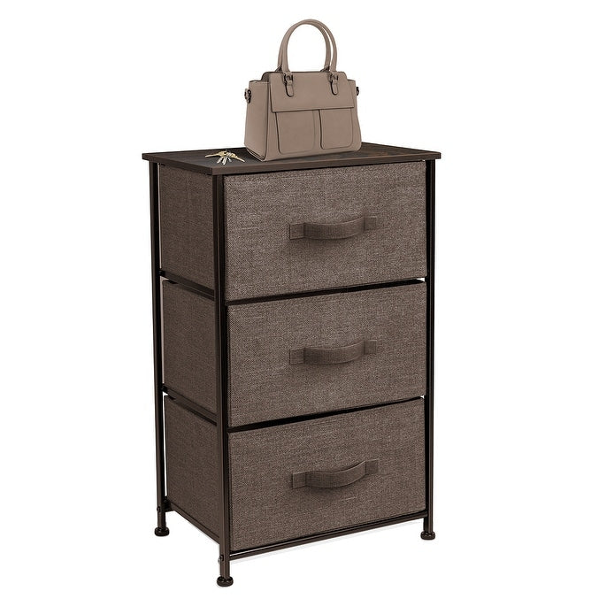 3 Drawer Nightstand Dresser Organizer Steel Frame Wood Top Fabric Bins