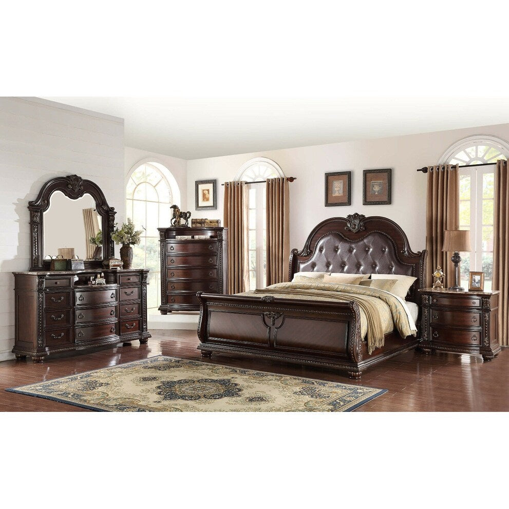 3-Drawer Nightstand with Marble Top Rich Brown Cherry Finish Solid Wood Wooden Bedroom