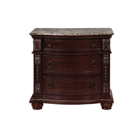 3-Drawer Nightstand with Marble Top Rich Brown Cherry Finish Solid Wood Wooden Bedroom