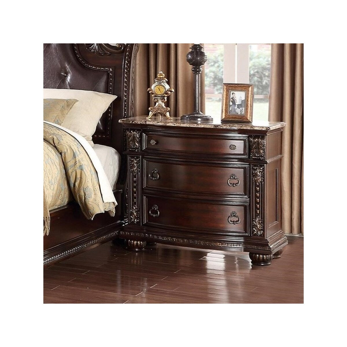 3-Drawer Nightstand with Marble Top Rich Brown Cherry Finish Solid Wood Wooden Bedroom