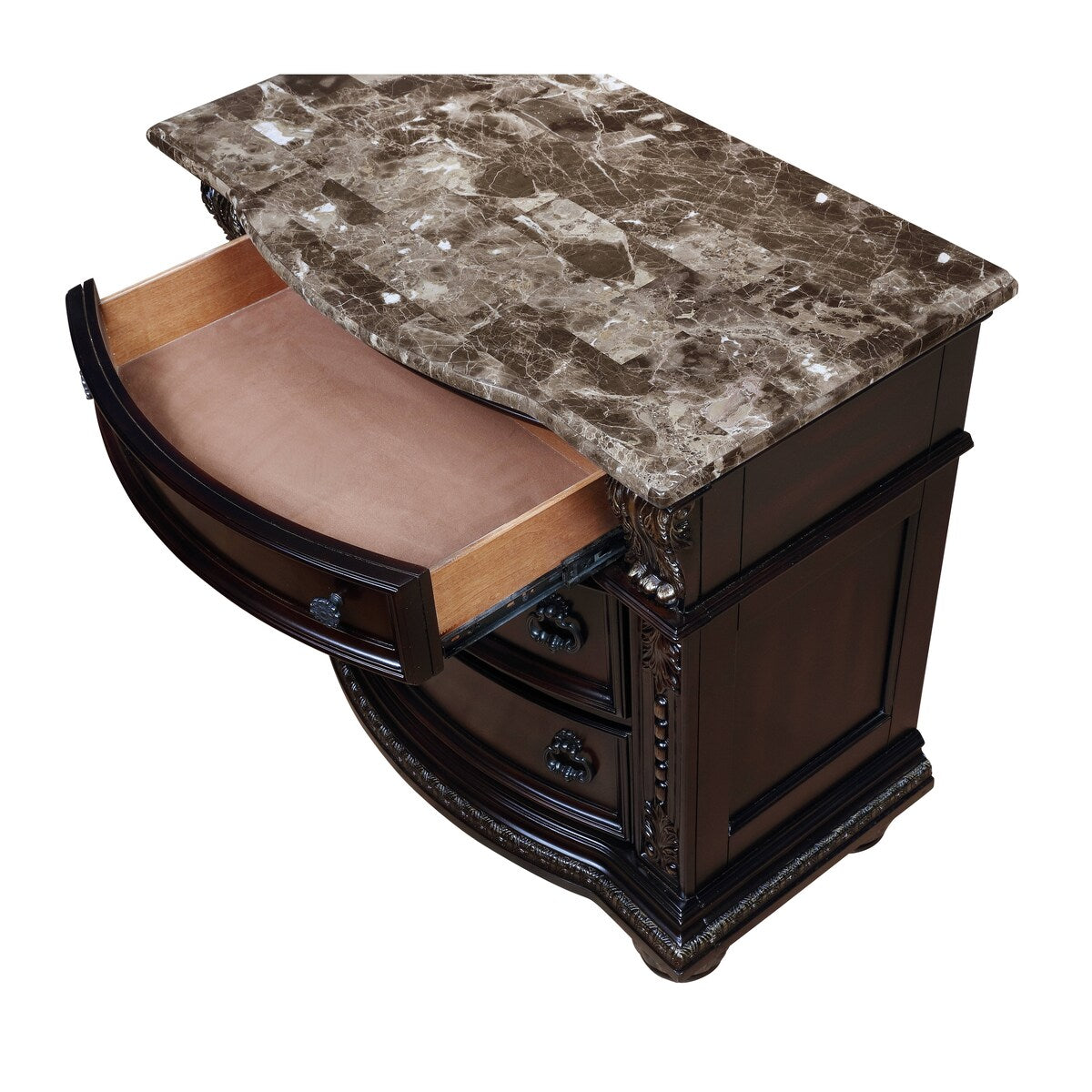 3-Drawer Nightstand with Marble Top Rich Brown Cherry Finish Solid Wood Wooden Bedroom
