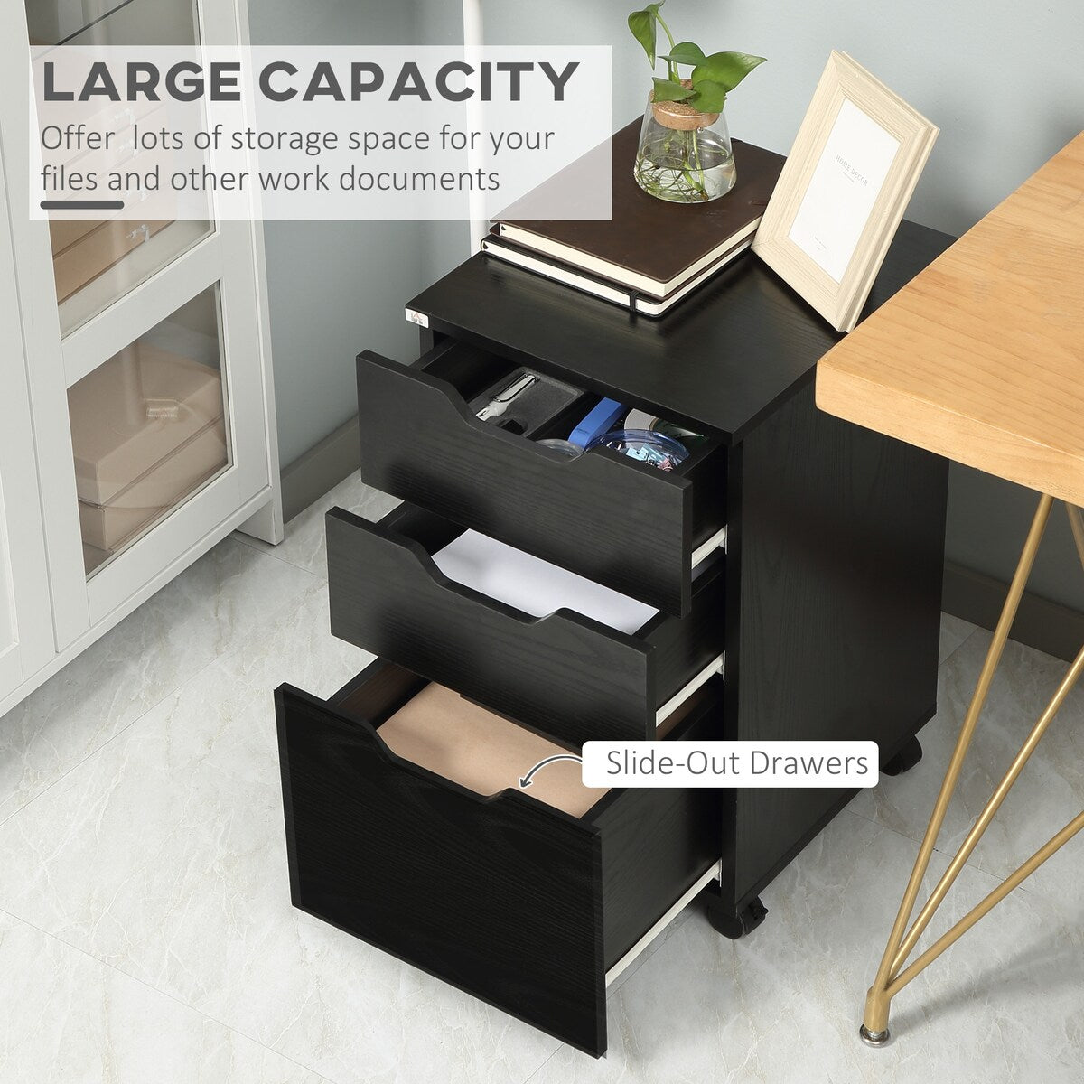 3 Drawer Office Storage Cabinet, Under Desk Cabinet with Wheels, Black Wood Grain