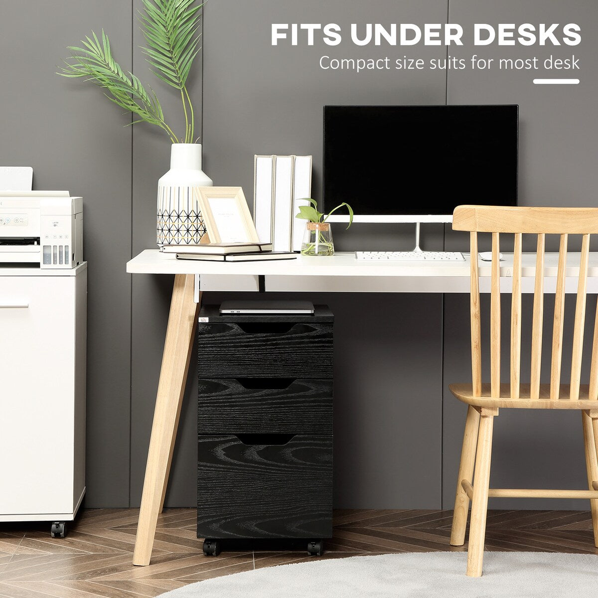3 Drawer Office Storage Cabinet, Under Desk Cabinet with Wheels, Black Wood Grain