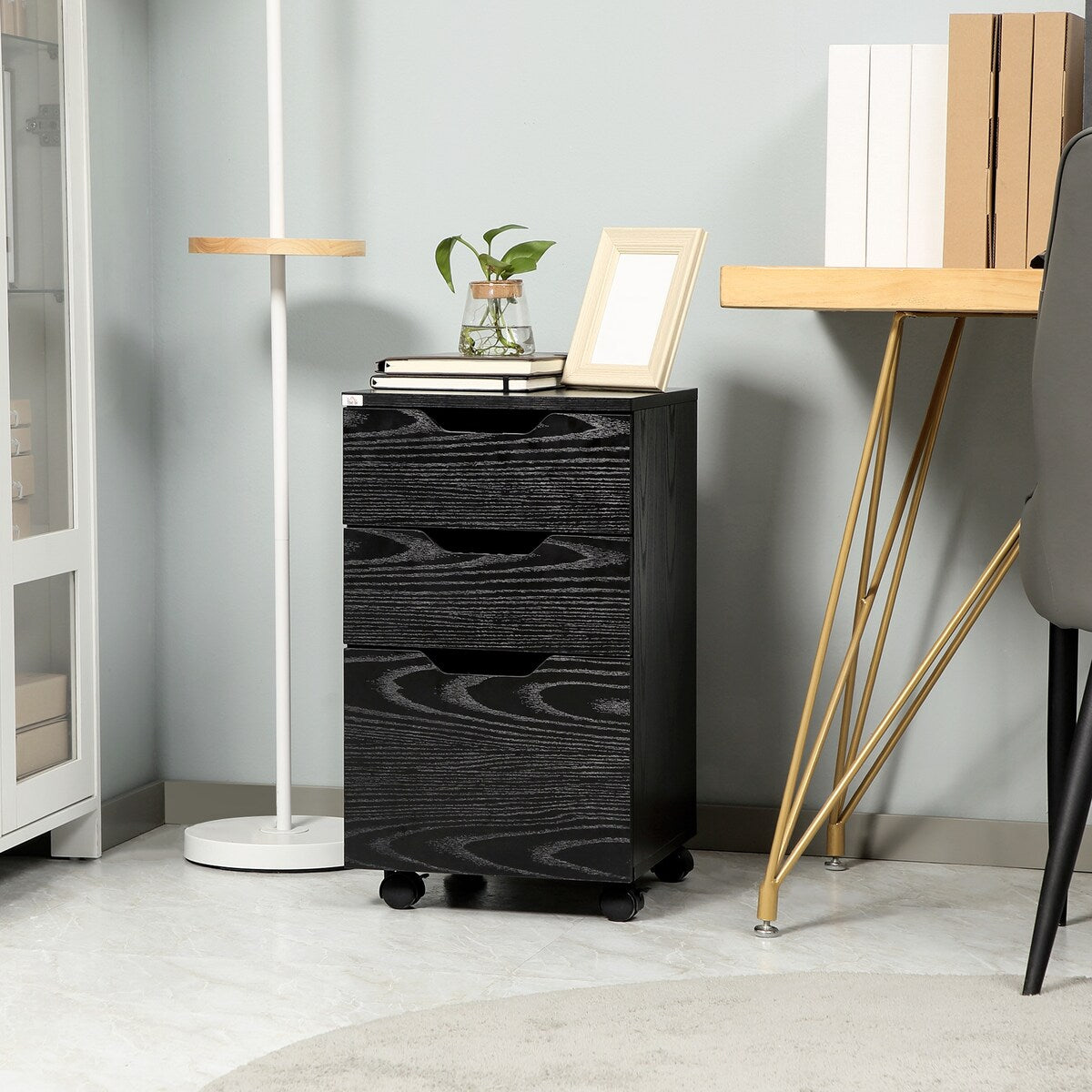 3 Drawer Office Storage Cabinet, Under Desk Cabinet with Wheels, Black Wood Grain