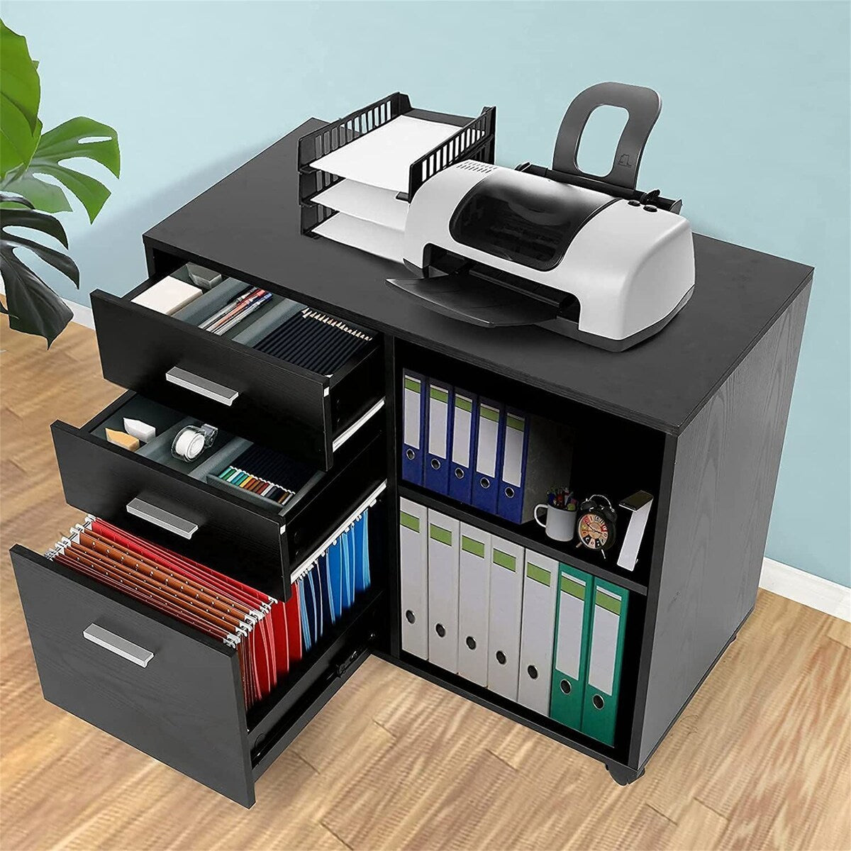 3-Drawer Wood Mobile Filing Cabinet with Open Storage Shelves