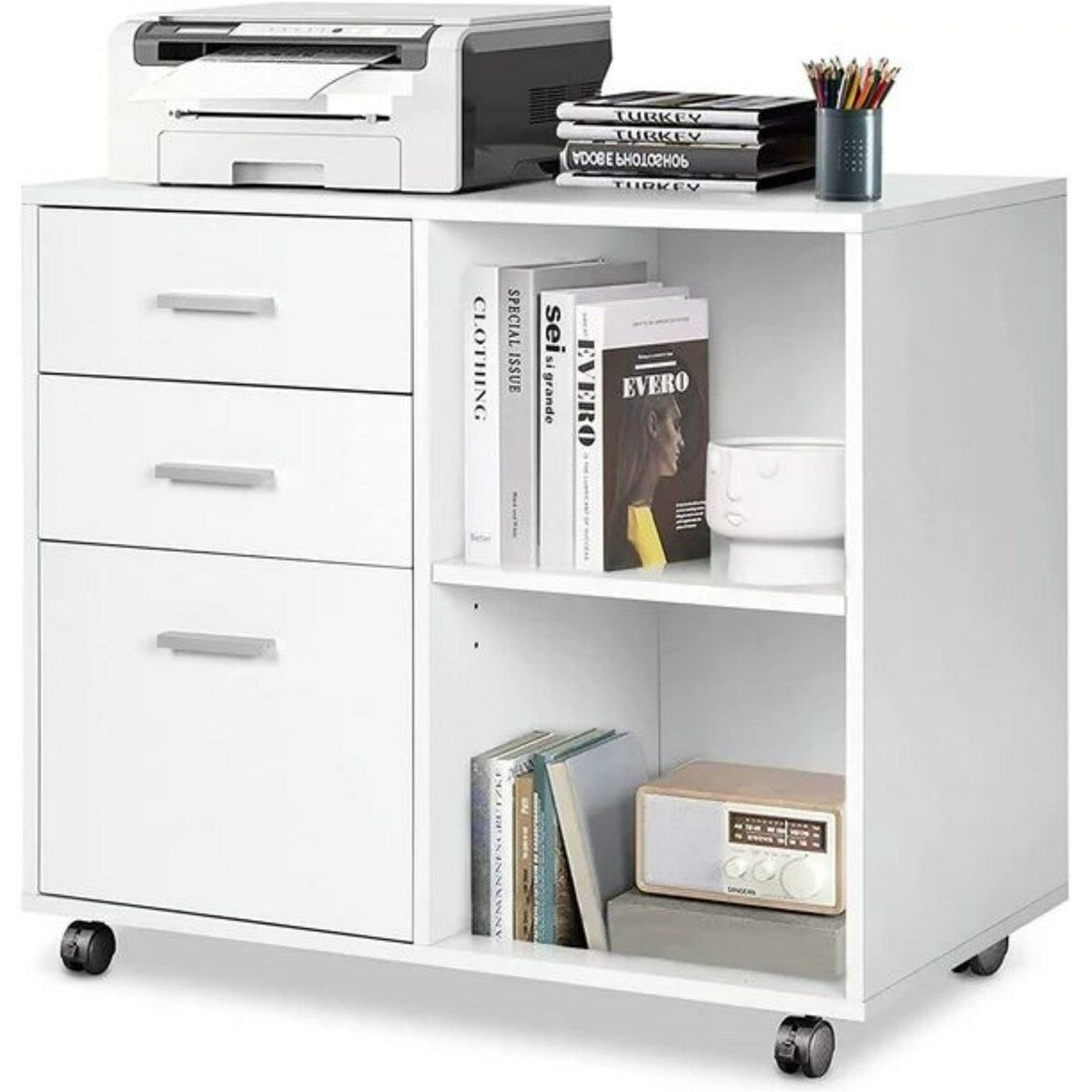 3-Drawer Wood Mobile Filing Cabinet with Open Storage Shelves