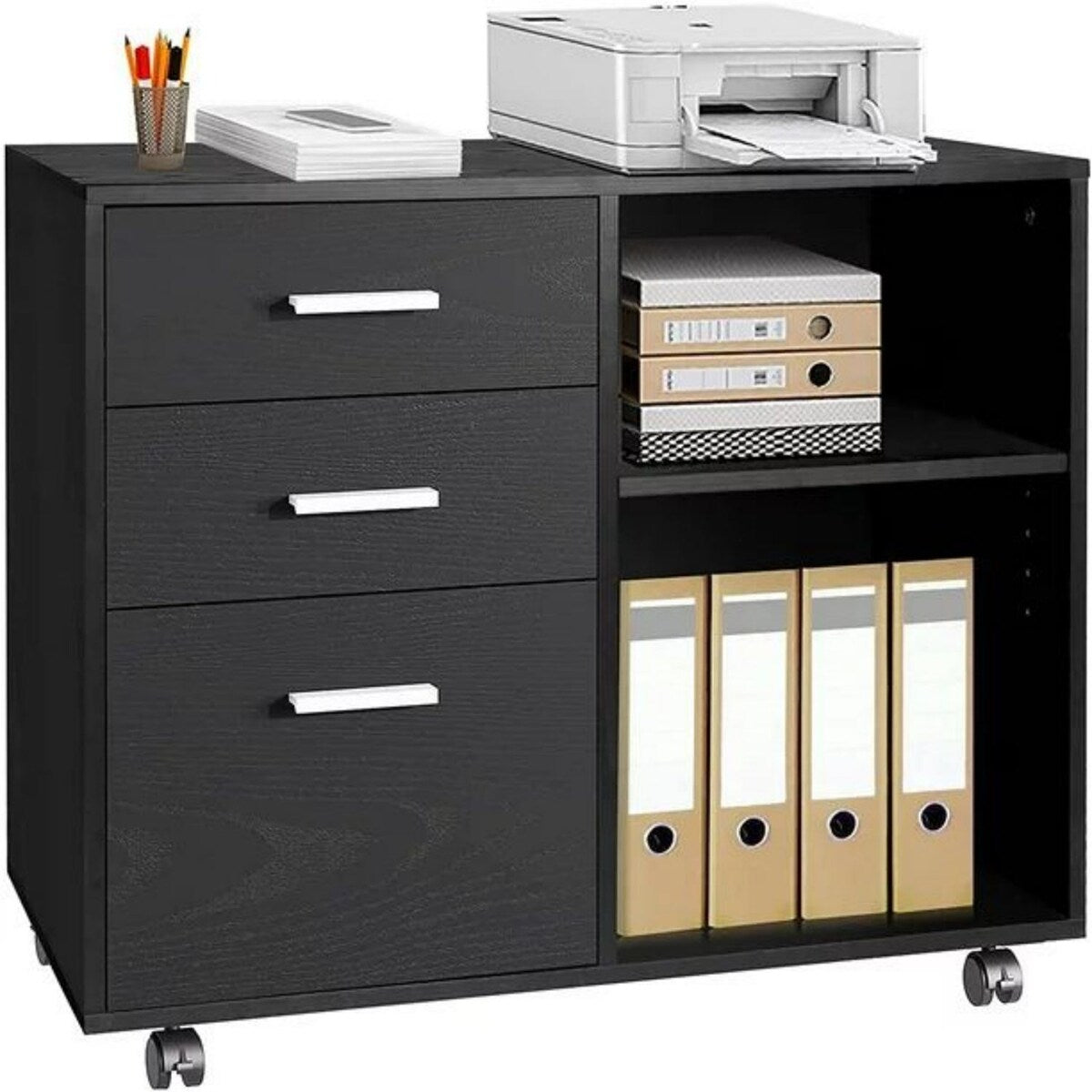 3-Drawer Wood Mobile Filing Cabinet with Open Storage Shelves