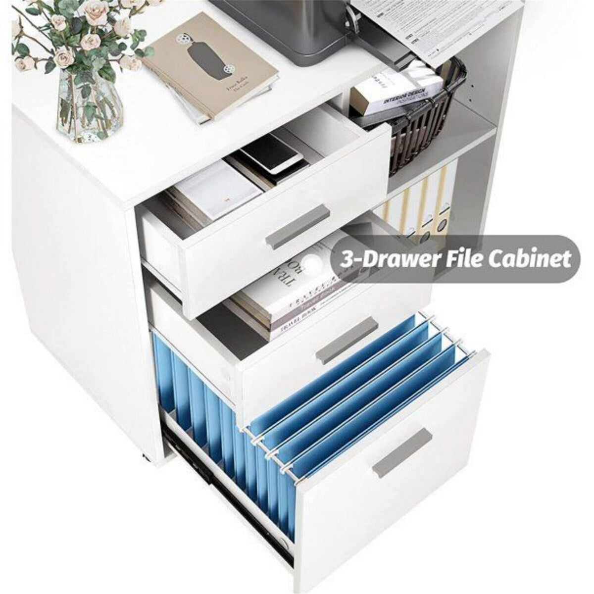 3-Drawer Wood Mobile Filing Cabinet with Open Storage Shelves