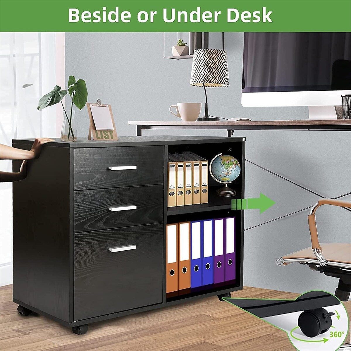 3-Drawer Wood Mobile Filing Cabinet with Open Storage Shelves