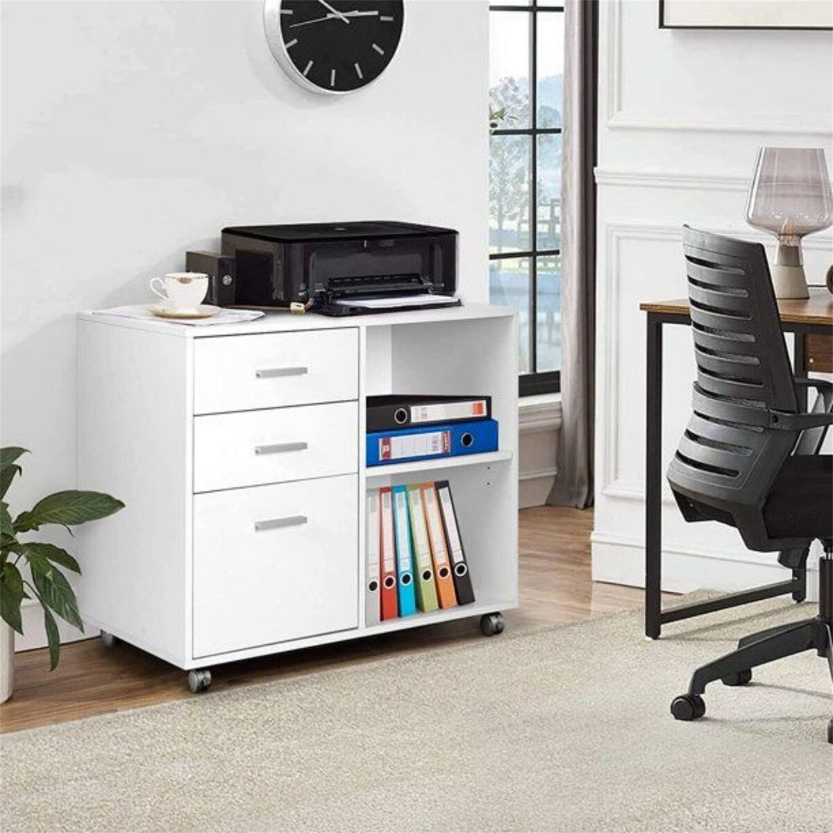 3-Drawer Wood Mobile Filing Cabinet with Open Storage Shelves