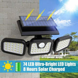 3 Heads 74 LED Solar Security Wall Lights Outdoor Garden Lamp