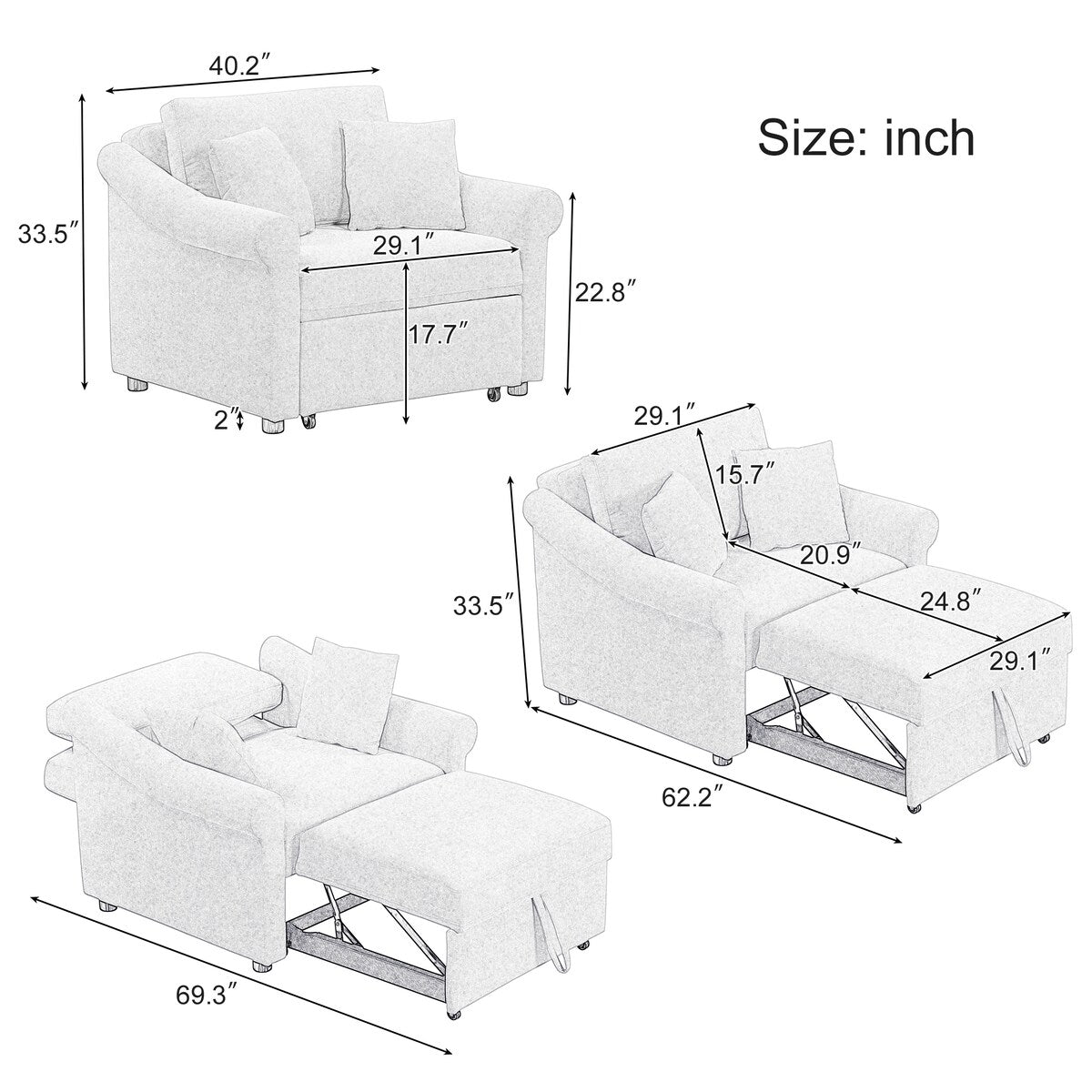 3 IN 1 Lounger Chair Convertible Sleeper Chair