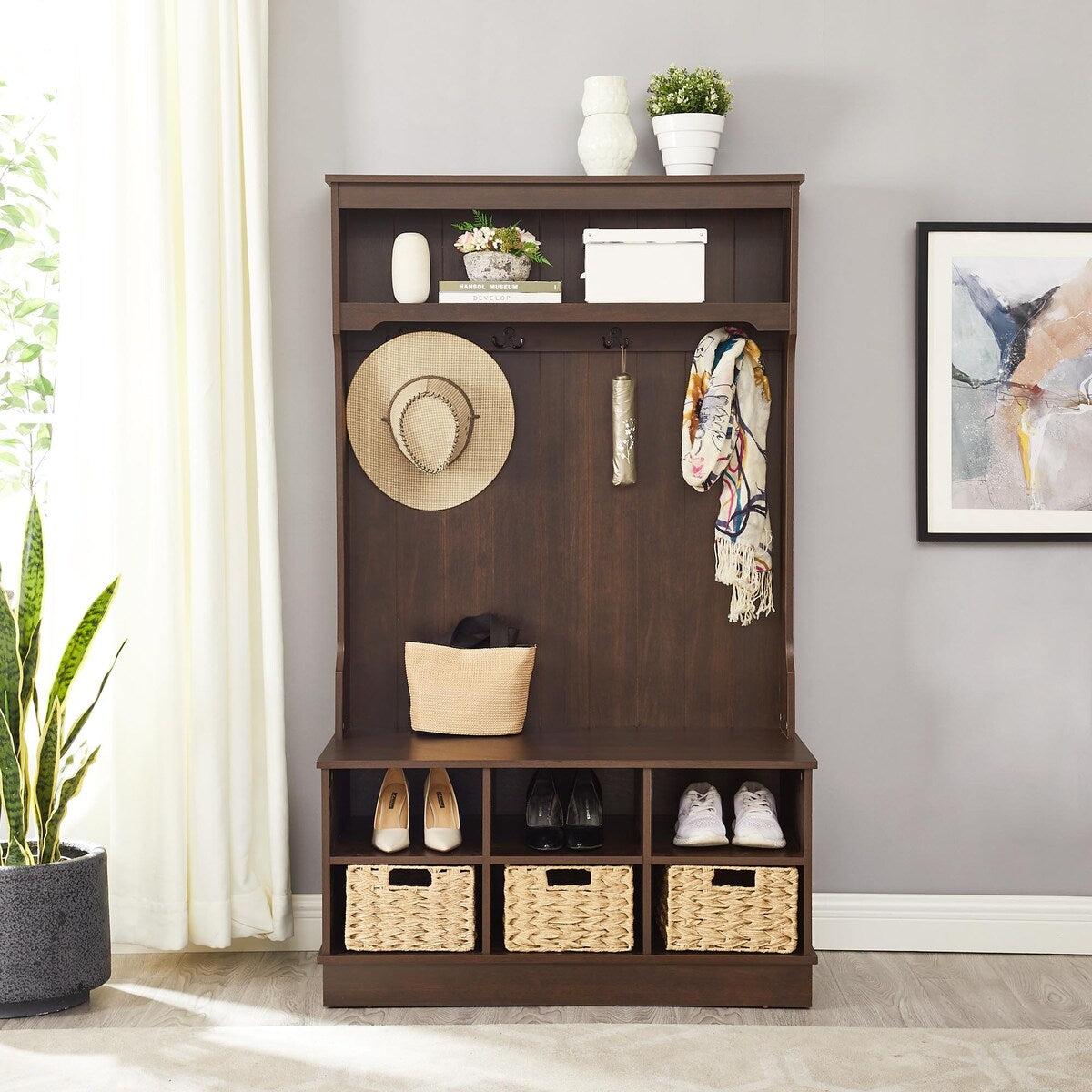 3-In-1 Entryway Hall Tree with Shelves,3 Storage Baskets,and Coat Racks 4 Hooks