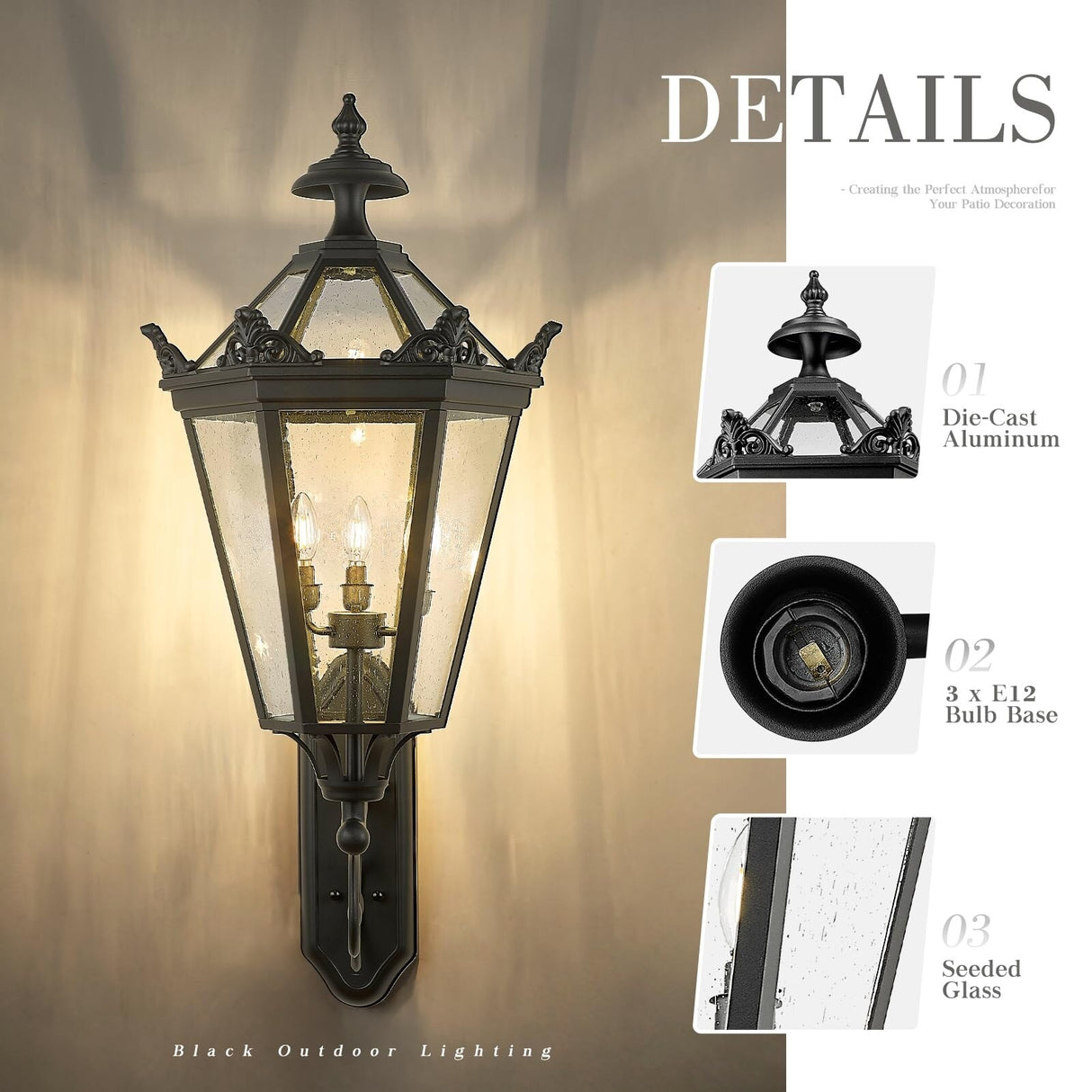3-Light 41 inch Outdoor Wall Light, Seeded Glass