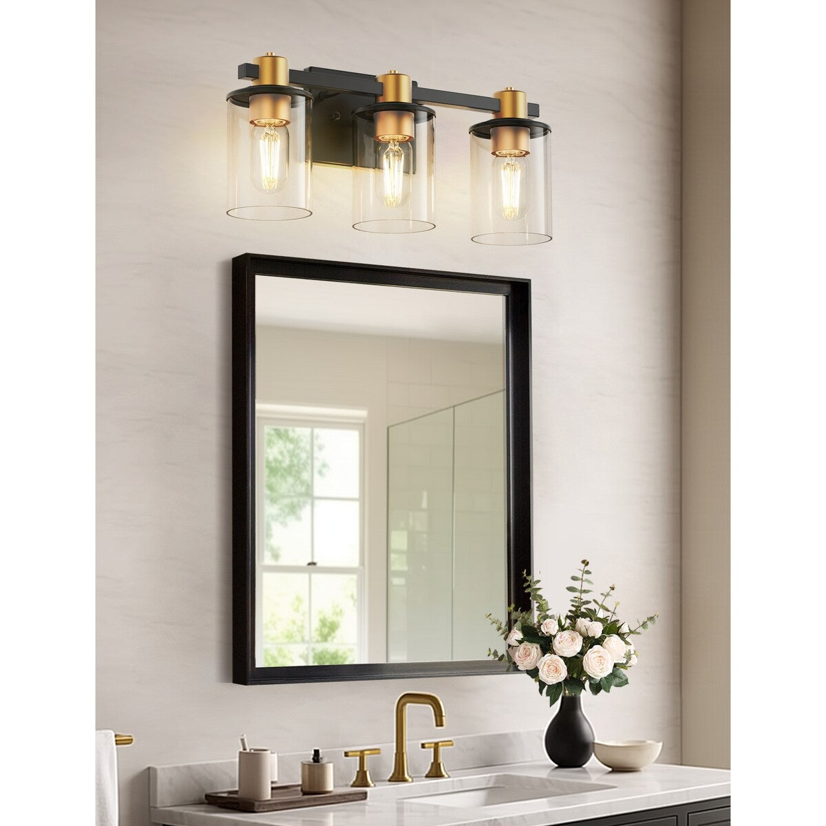 3-Light Bathroom Light Fixtures, Black and Gold Bathroom Wall Lights, Modern Vanity Light with Clear Glass Shade - 17.32 in.