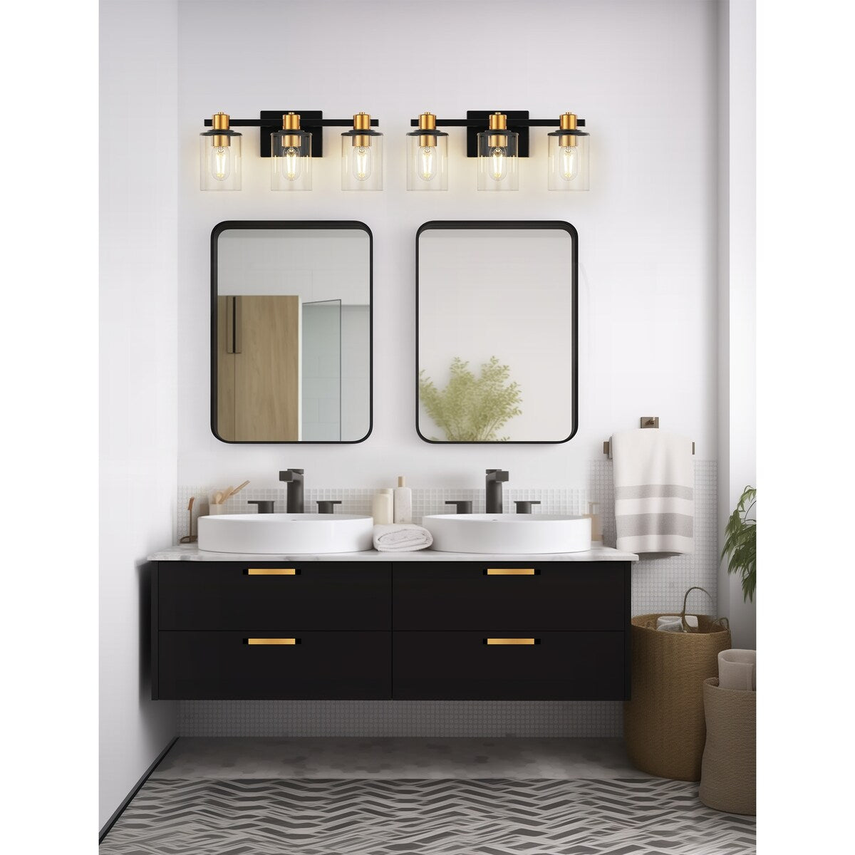 3-Light Bathroom Light Fixtures, Black and Gold Bathroom Wall Lights, Modern Vanity Light with Clear Glass Shade - 17.32 in.