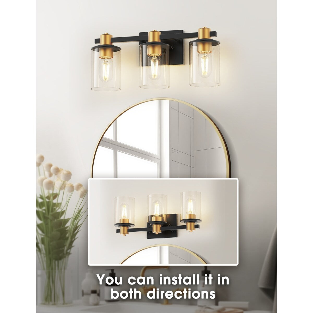 3-Light Bathroom Light Fixtures, Black and Gold Bathroom Wall Lights, Modern Vanity Light with Clear Glass Shade - 17.32 in.