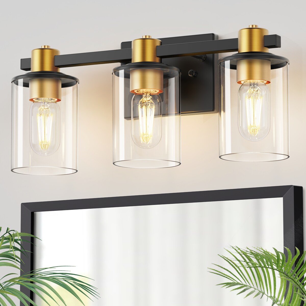 3-Light Bathroom Light Fixtures, Black and Gold Bathroom Wall Lights, Modern Vanity Light with Clear Glass Shade - 17.32 in.